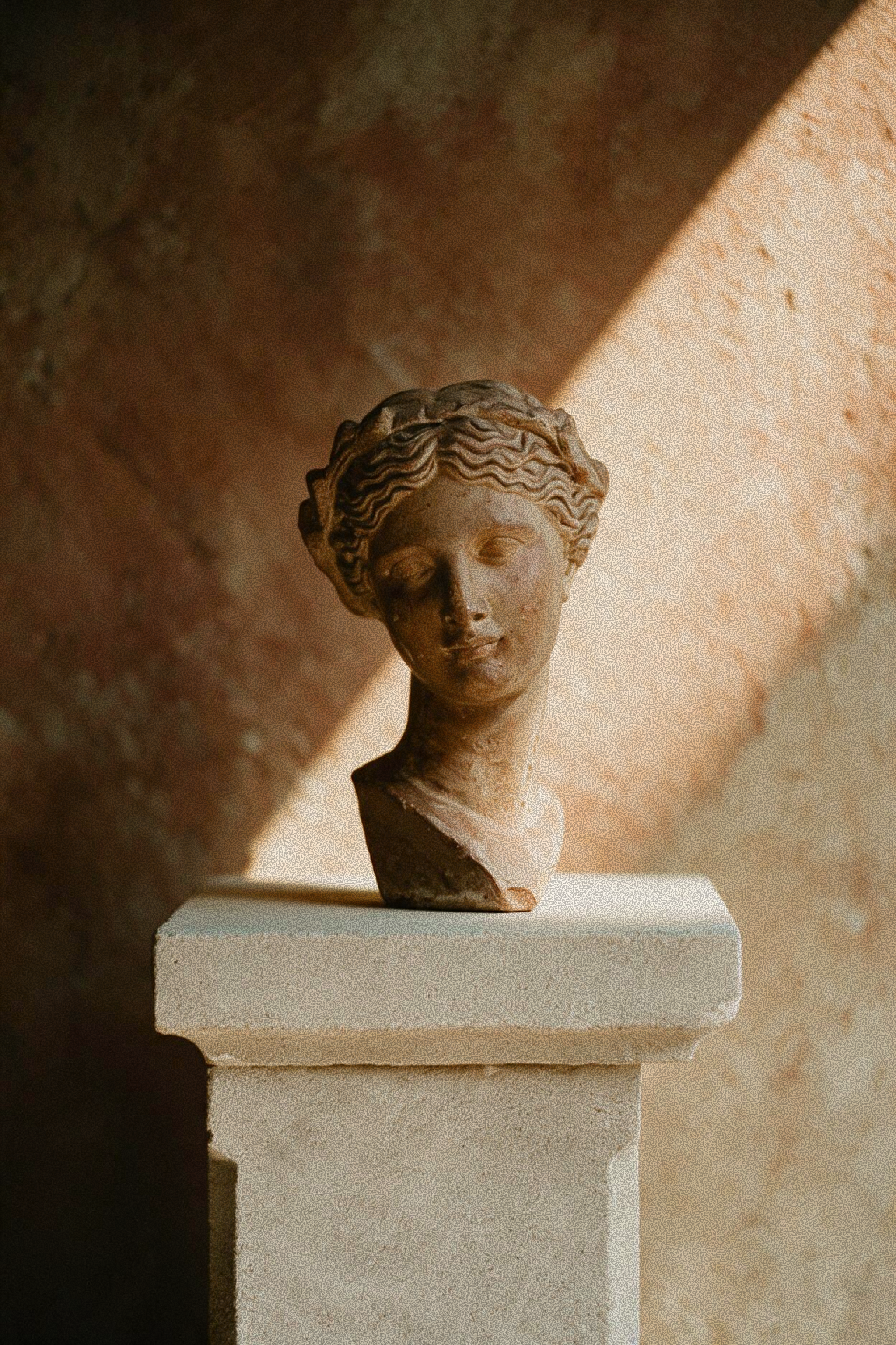 A classical-style stone bust sculpture of a woman with wavy hair, displayed on a light-colored stone pedestal against a textured warm brown wall with dramatic diagonal sunlight.